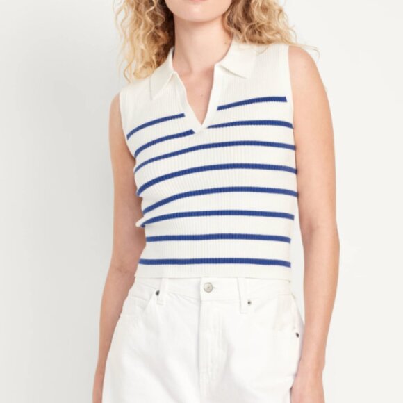 ⭐Rib-Knit Crop Polo Hipster Preppy Collared Sailor Ocean Vaca Classy Sweater Top - Picture 1 of 8